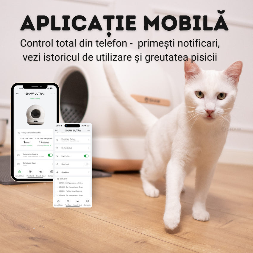 Litiera automata smart SHAW® Ultra View pentru pisici, camera video, auto-curatare, sterilizare UV, odorizant, aplicatie mobila