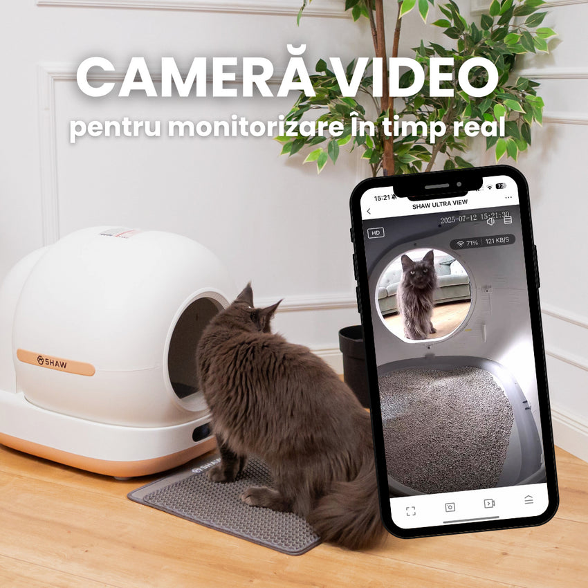 Litiera automata smart SHAW® Ultra View pentru pisici, camera video, auto-curatare, sterilizare UV, odorizant, aplicatie mobila