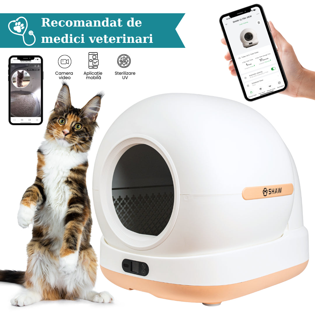 Litiera automata smart SHAW® Ultra View pentru pisici, camera video, auto-curatare, sterilizare UV, odorizant, aplicatie mobila