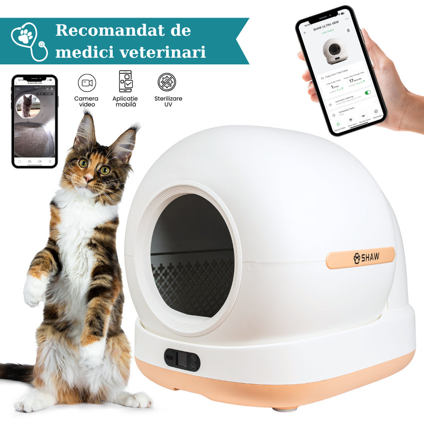 Litiera automata smart SHAW® Ultra View pentru pisici, camera video, auto-curatare, sterilizare UV, odorizant, aplicatie mobila