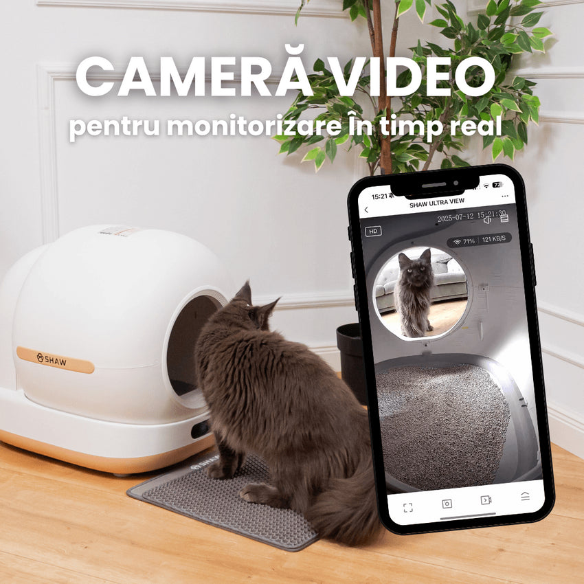 Litiera automata smart SHAW® Ultra View pentru pisici, camera video, auto-curatare, sterilizare UV, odorizant, aplicatie mobila