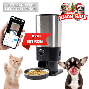 Hranitor automat Smart SHAW® PRO V3 pentru caini si pisici, Aplicatie mobila, Camera video Night Vision, Programare hrana, Negru