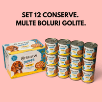 SET 12 - Topper premium pentru câini SHAW cu piept de pui, morcov, broccoli și mazăre în supă, hrană umedă complementară, 170 g