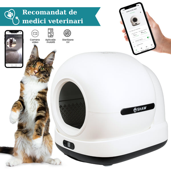 Litiera automata smart SHAW® Ultra View pentru pisici, camera video, auto-curatare, sterilizare UV, odorizant, aplicatie mobila