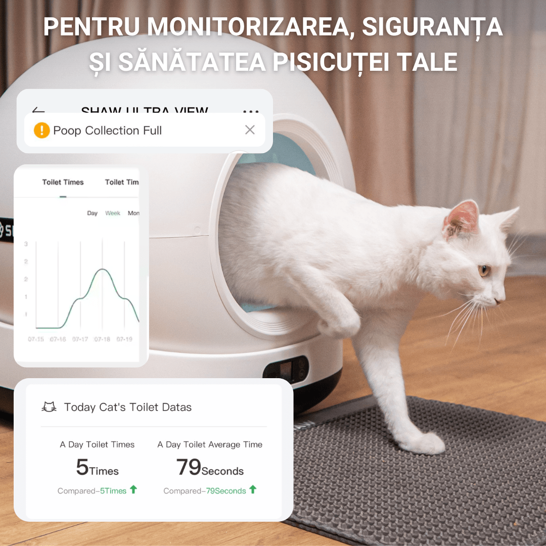 Litiera automata smart SHAW® Ultra pentru pisici, auto-curatare, sterilizare UV, odorizant, aplicatie mobila, bej