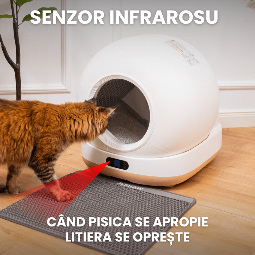 Litiera automata smart SHAW® Ultra pentru pisici, auto-curatare, sterilizare UV, odorizant, aplicatie mobila, bej