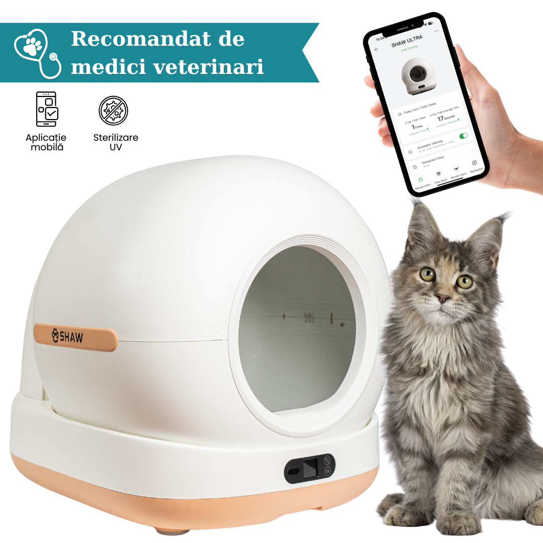 Litiera automata smart SHAW® Ultra pentru pisici, auto-curatare, sterilizare UV, odorizant, aplicatie mobila, bej