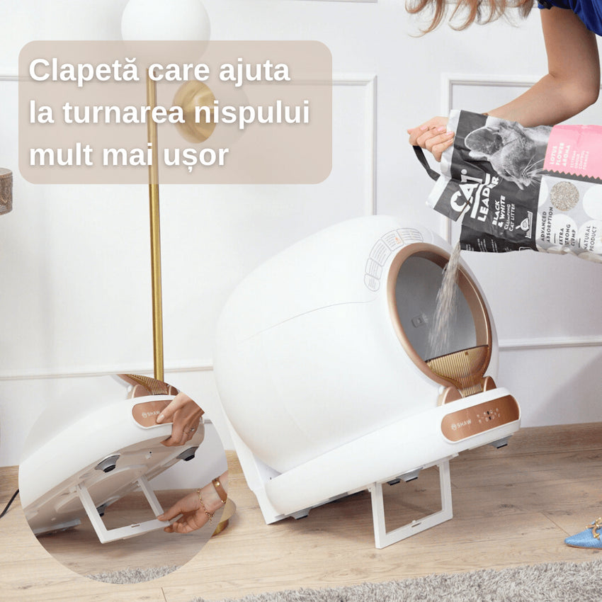 Litiera automata smart SHAW® V4 pentru pisici, auto-curatare, eliminare mirosuri prin ionizare, aplicatie mobila, 9L