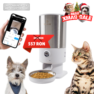 Hranitor automat Smart SHAW® PRO V3 pentru caini si pisici, Aplicatie mobila, Camera video Night Vision, Programare hrana, Alb