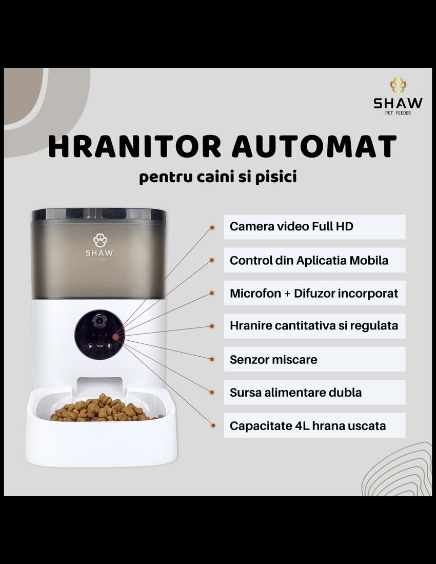 RESIGILAT - Hranitor automat Smart SHAW® pentru caini si pisici cu Camera Video infrarosu, Aplicatie telefon, Programabil, 4L