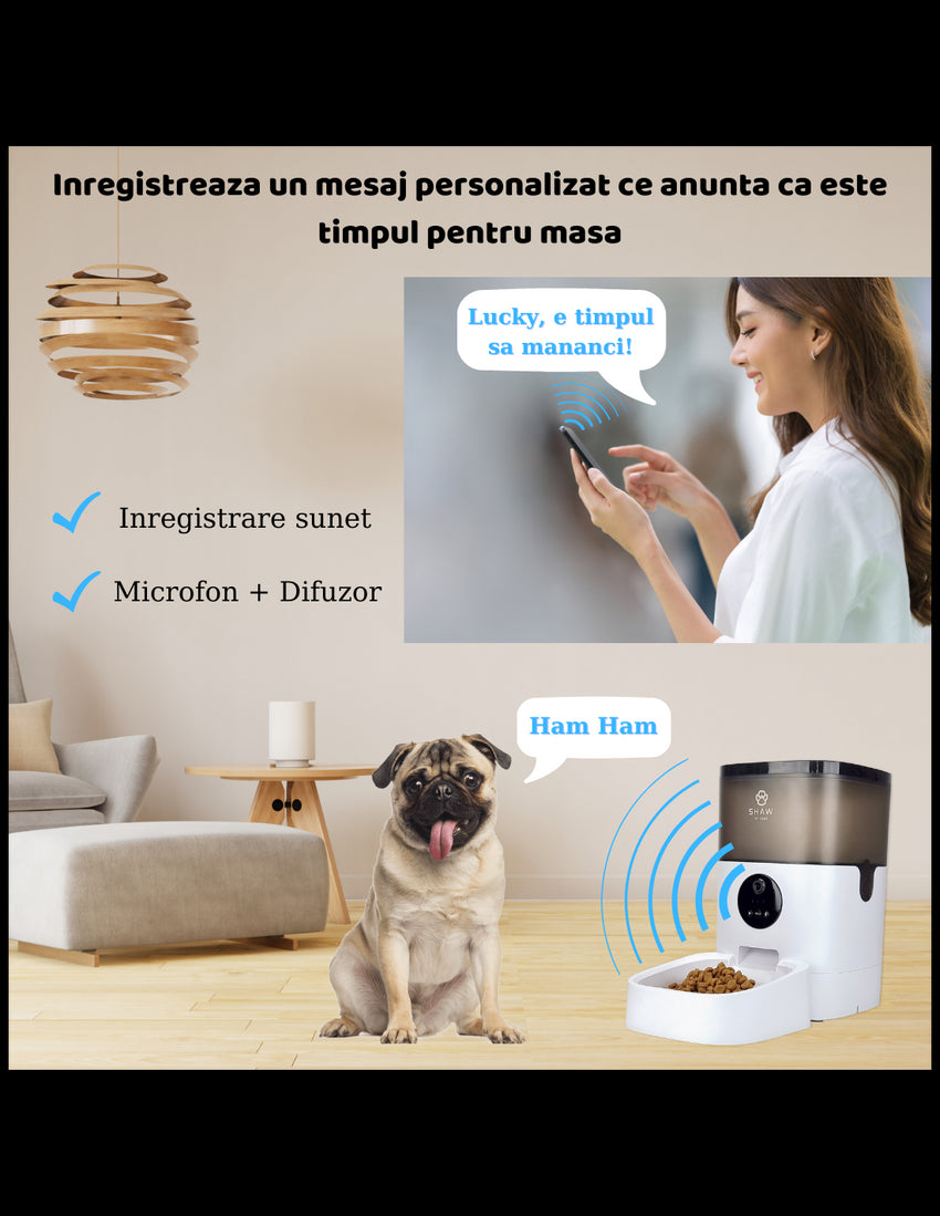 RESIGILAT - Hranitor automat Smart SHAW® pentru caini si pisici cu Camera Video infrarosu, Aplicatie telefon, Programabil, 4L