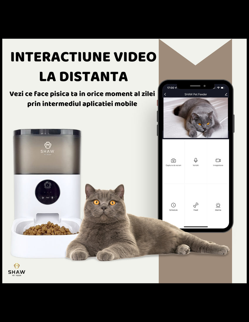 RESIGILAT - Hranitor automat Smart SHAW® pentru caini si pisici cu Camera Video infrarosu, Aplicatie telefon, Programabil, 4L