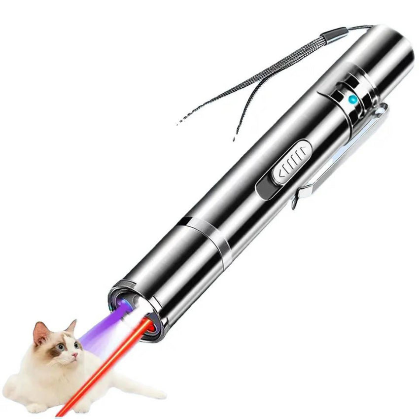 Laser 3 in 1, jucarie pentru pisici, 5 variante laser, Lumina UV, Lanterna, încărcare USB, Otel inoxidabil, Gri
