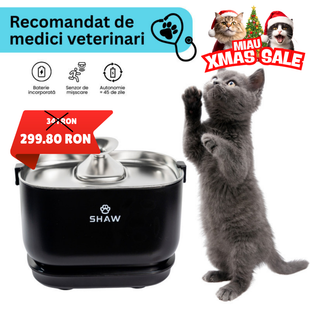 Fantana de apa SHAW® PRO V3 cu baterie si senzor inteligent, pompa prin inductie, sistem filtrare, silentioasa, Negru