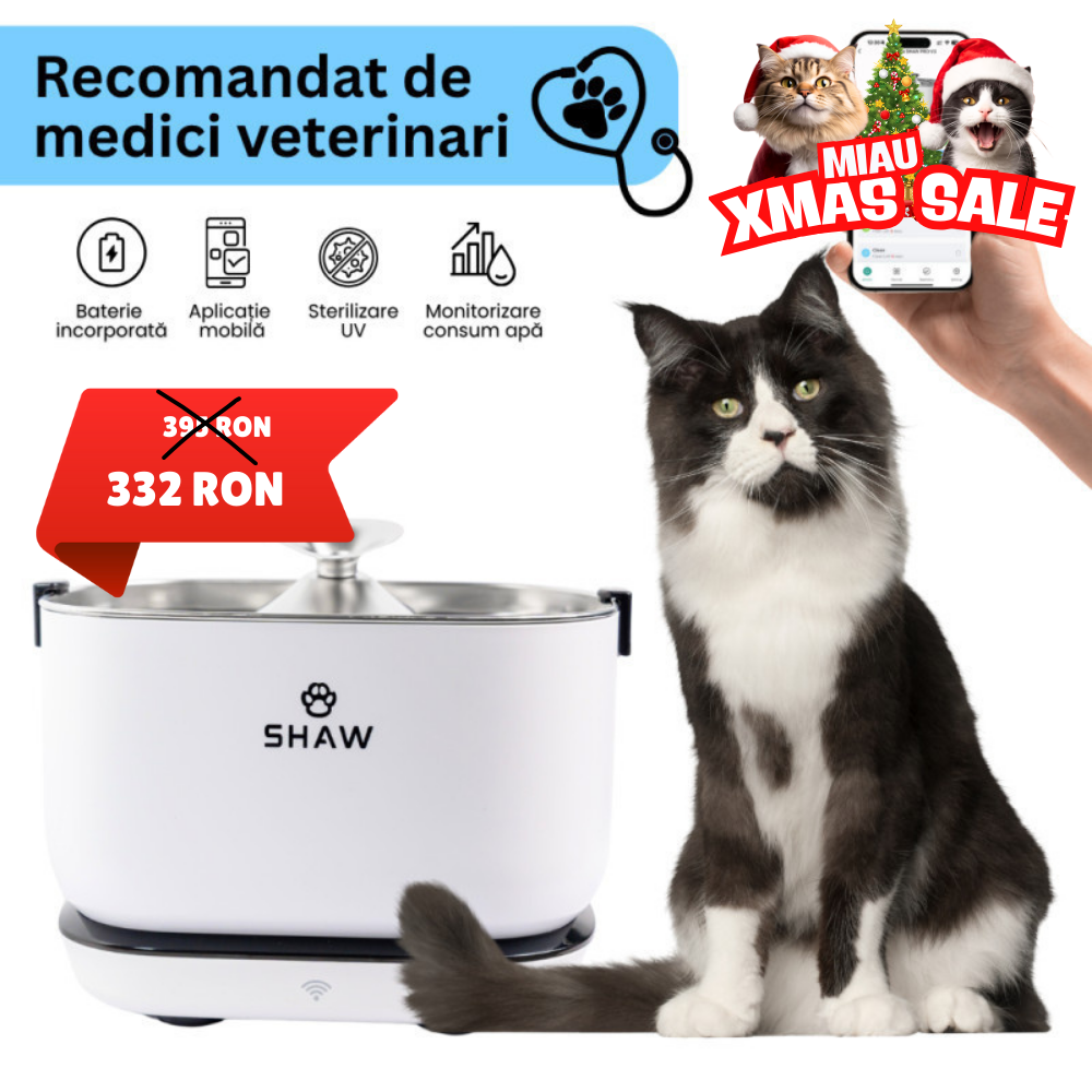 Fantana de apa smart SHAW® PRO V3 cu baterie si senzor, aplicatie mobila, sterilizare UV, pompa wireless, sistem filtrare, Alb