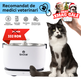 Fantana de apa smart SHAW® PRO V3 cu baterie si senzor, aplicatie mobila, sterilizare UV, pompa prin inductie, sistem filtrare, Alb