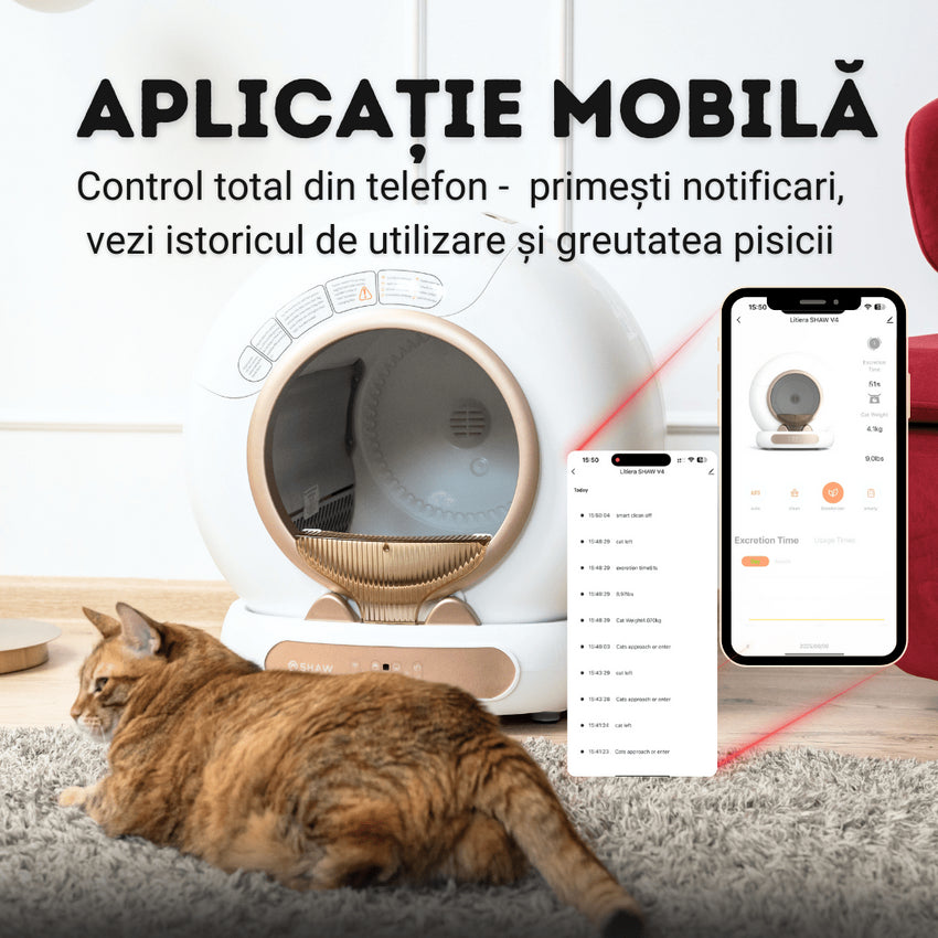 RESIGILAT - Litiera automata smart SHAW® V4 pentru pisici, auto-curatare, eliminare mirosuri prin ionizare, aplicatie mobila, 9L
