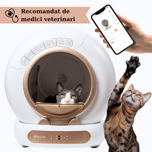RESIGILAT - Litiera automata smart SHAW® V4 pentru pisici, auto-curatare, eliminare mirosuri prin ionizare, aplicatie mobila, 9L