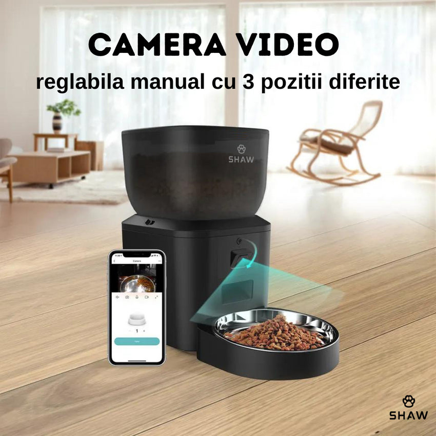 RESIGILAT - Hranitor automat smart SHAW® pentru caini si pisici cu camera reglabila, aplicatie mobila, 4L, programare hranire