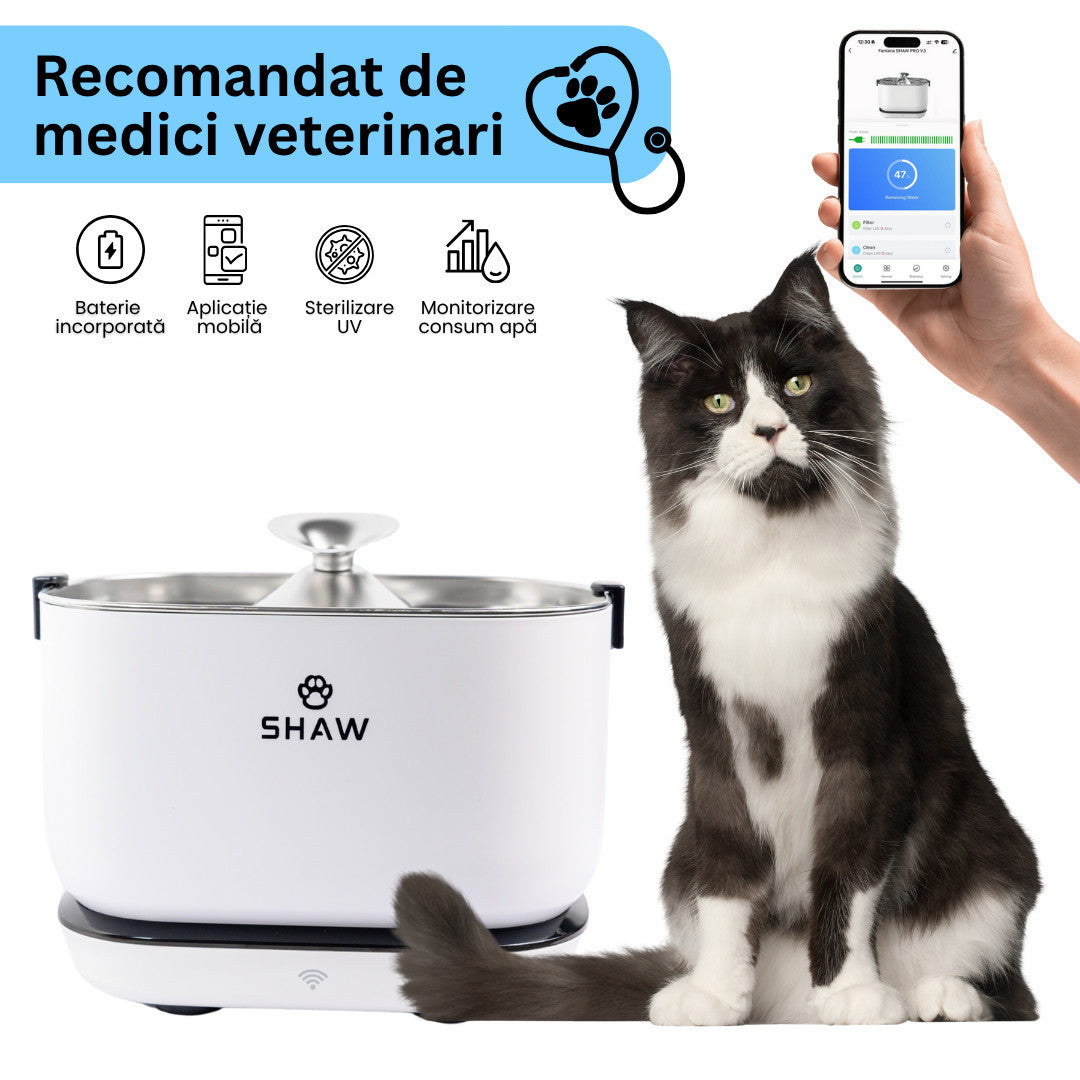 RESIGILAT - Fantana de apa smart SHAW® PRO V3 cu baterie si senzor, aplicatie mobila, sterilizare UV, pompa prin inductie