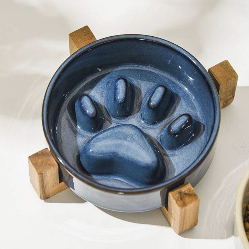 Bol Ceramic cu Suport din Lemn si Design Slow Feeder in Forma de Labuta, pentru Pisici si Caini, Albastru
