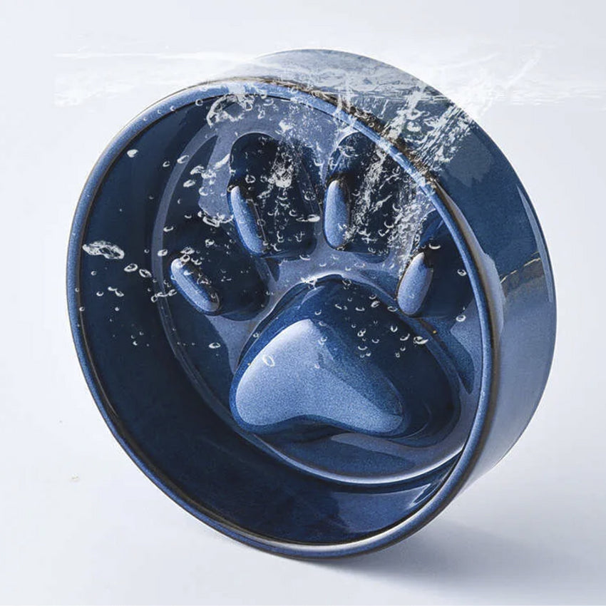 Bol Ceramic cu Suport din Lemn si Design Slow Feeder in Forma de Labuta, pentru Pisici si Caini, Albastru