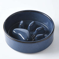 Bol Ceramic cu Suport din Lemn si Design Slow Feeder in Forma de Labuta, pentru Pisici si Caini, Albastru