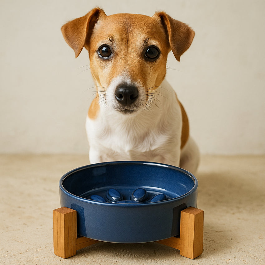 Bol Ceramic cu Suport din Lemn si Design Slow Feeder in Forma de Labuta, pentru Pisici si Caini, Albastru