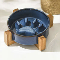Bol Ceramic cu Suport din Lemn si Design Slow Feeder in Forma de Labuta, pentru Pisici si Caini, Albastru