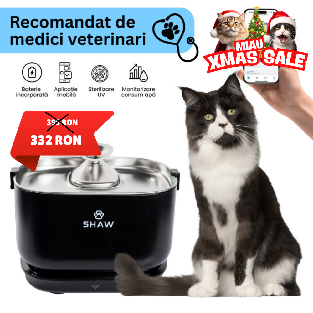 Fantana de apa smart SHAW® PRO V3 cu baterie si senzor, aplicatie mobila, sterilizare UV, pompa wireless, sistem filtrare, Negru