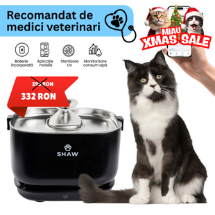 Fantana de apa smart SHAW® PRO V3 cu baterie si senzor, aplicatie mobila, sterilizare UV, pompa prin inductie, sistem filtrare, Negru