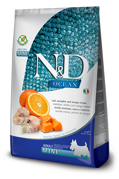 Hrana uscata caini Farmina N&D Ocean cu cod, dovleac si portocala adult talie mica 2.5kg