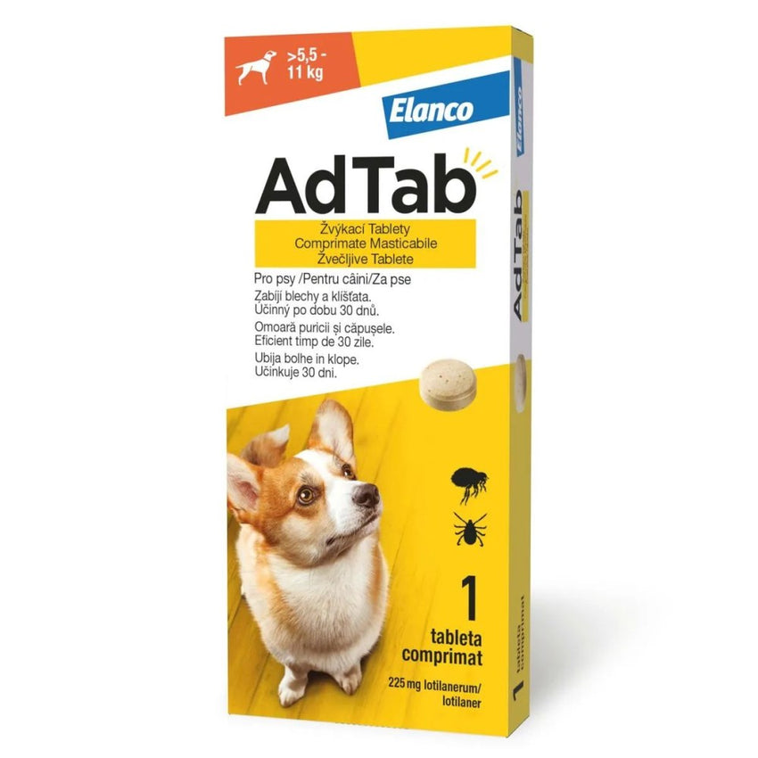 Antiparazitar oral pentru caini 5,5-11 kg AdTab Dog, 225 mg, 1 tableta, Elanco