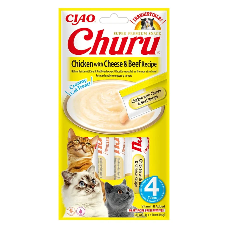 Recompense lichide pentru pisici cu pui, branza si vita Churu Cat, Inaba