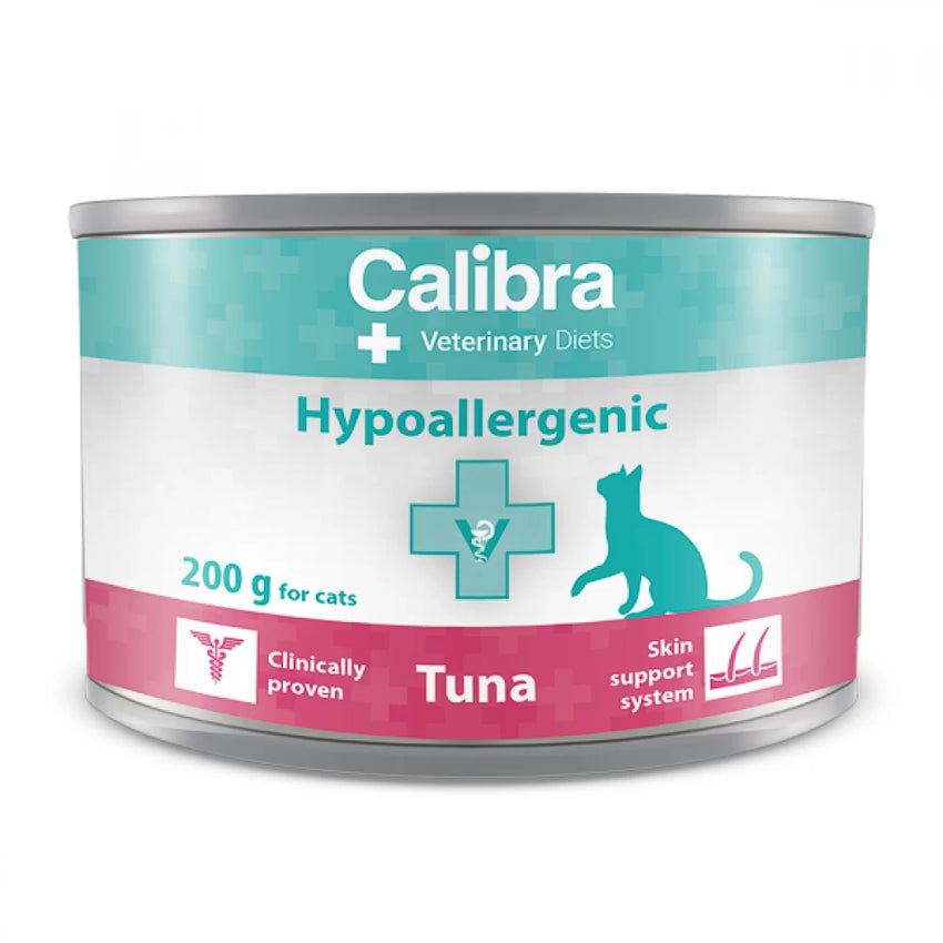 Hrana umeda dietetica hipoalergenica pentru pisici cu ton Calibra Veterinary Diets Hypoallergenic, conserva 200g