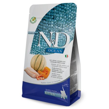 Hrana uscata pentru pisoi - Farmina N&D Ocean Pisica Kitten Cod, Crevete, Dovleac si Pepene Galben 1,5kg