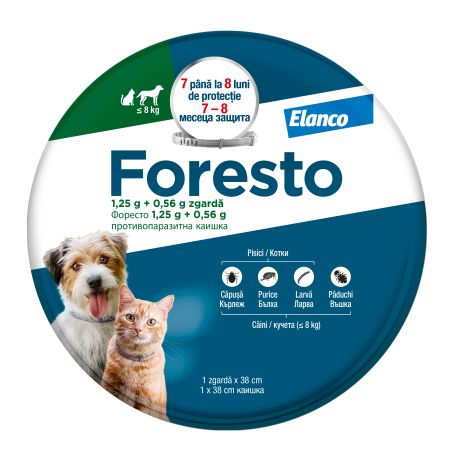 Foresto Zgarda antiparazitara pisici si caini sub 8 kg, lungime 38 cm, protectie impotriva puricilor si capuselor pisici si caini sub 8 kg 38 cm