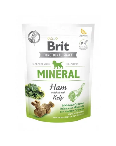 Gustari pentru Catei Brit Care Dog Snack Mineral cu Sunca 150g, Recompense pentru Dezvoltare si Sanatate Dentara