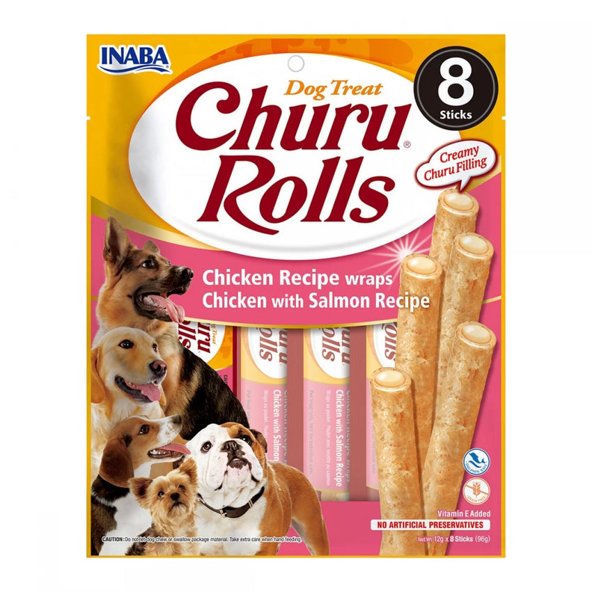 Churu, Snack-uri pentru Câini, Rulouri cu Pui și Somon, 8 x 12g