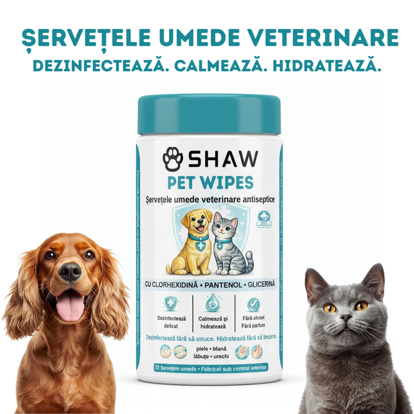 Servetele umede cu clorhexidina pentru caini si pisici, SHAW, Dezinfectare si hidratare zilnica