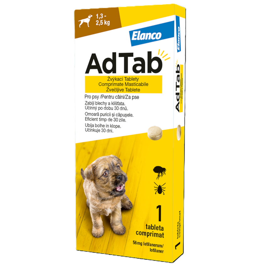 Antiparazitar oral pentru caini 1,3-5 kg AdTab Dog, 56 mg, 1 tableta, Elanco