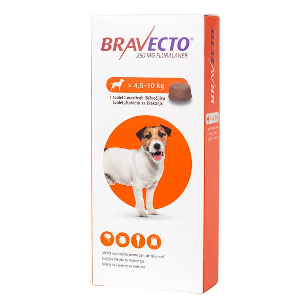Antiparazitar comprimat pentru caini 4,5-10 kg Bravecto 250mg, 1 tableta, MSD