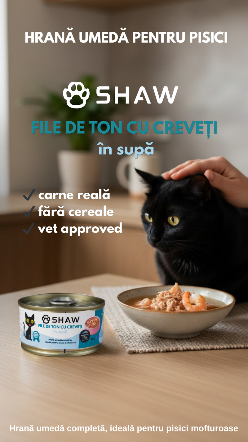 Hrana umeda premium SHAW pentru pisici adulte si mofturoase cu file de ton si creveti in supa, fara cereale, 80g