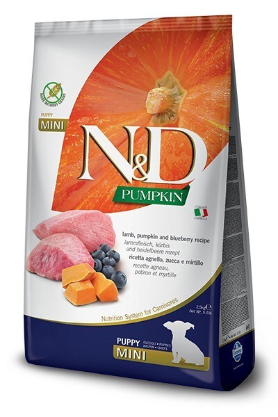 Hrana uscata pentru catei de talie mica - Farmina N&D Pumpkin Caine Puppy Mini Miel si Afine 2,5kg