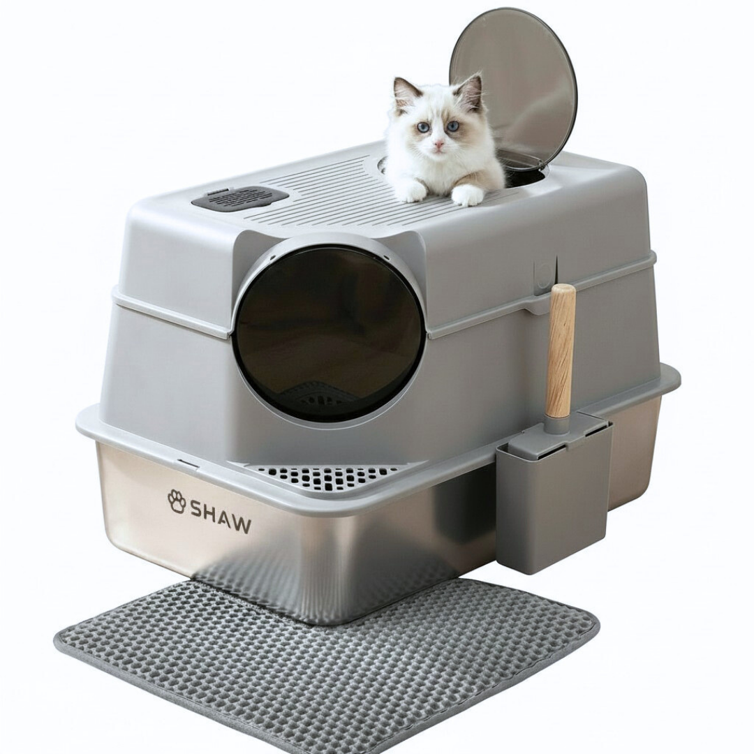 Litiera inox de colt 2 in 1  SHAW® XL pentru pisici, cu lopatica inclusa, intrare laterala, usor de curatat, rezistenta