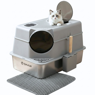 Litiera inox de colt 2 in 1  SHAW® XL pentru pisici, cu lopatica inclusa, intrare laterala, usor de curatat, rezistenta