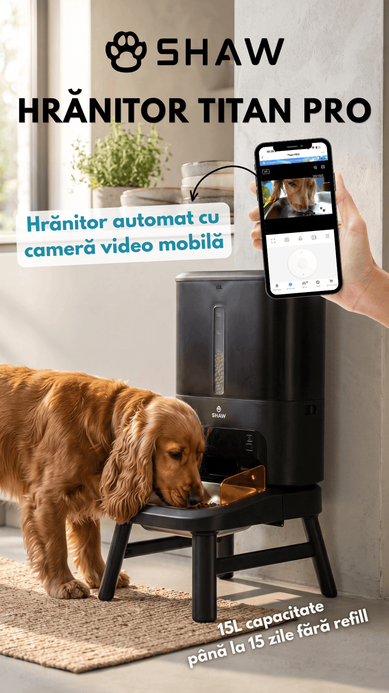 Hranitor automat smart SHAW® Titan PRO pentru caini, aplicatie mobila, camera video, 15L, programare hranire, negru