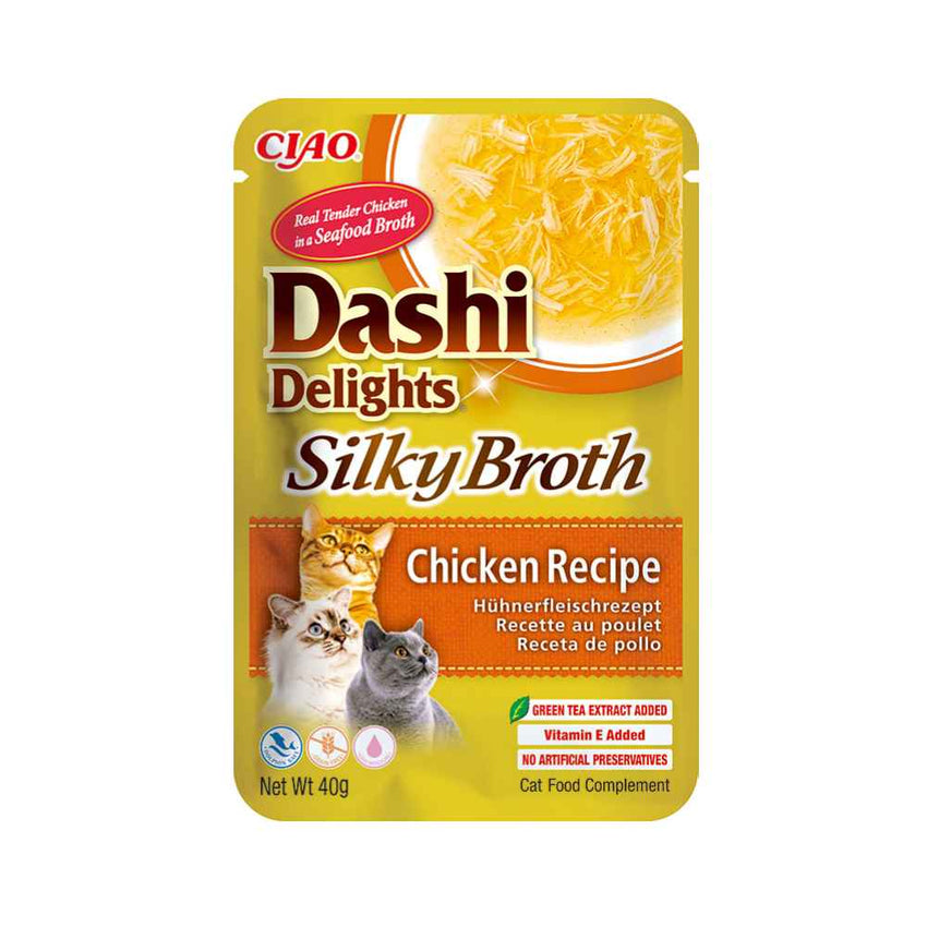 Hrana umeda pentru pisici Inaba Churu Cat Dashi Delights Silky Broth Chicken 40g – supa complementara cu pui, fara cereale