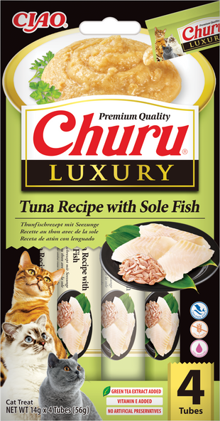 Gustari pentru pisici Inaba Churu Cat Luxury Tuna Recipe with Scallop 4x14g – snack cremos, cu ton si scoici, fara cereale