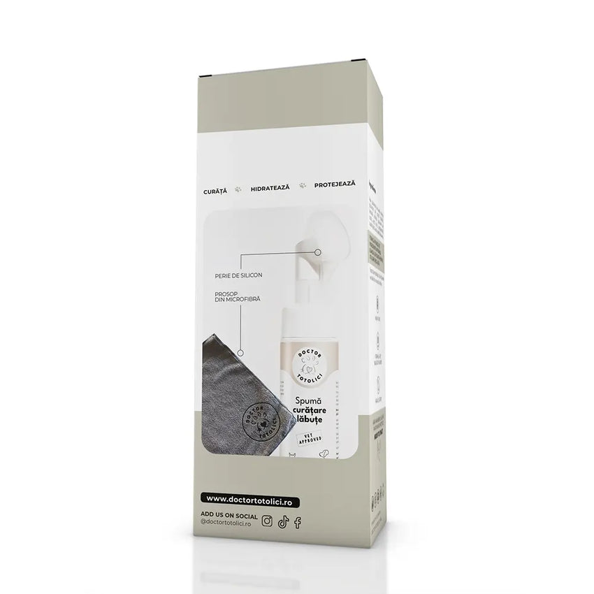 Set spumă curățare lăbuțe fără clătire + prosop microfibră Doctor Totolici, 200 ml